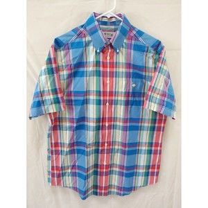 Orvis Mens Shirt Medium Button Front Short Sleeve Colorful Plaid Cotton Blue